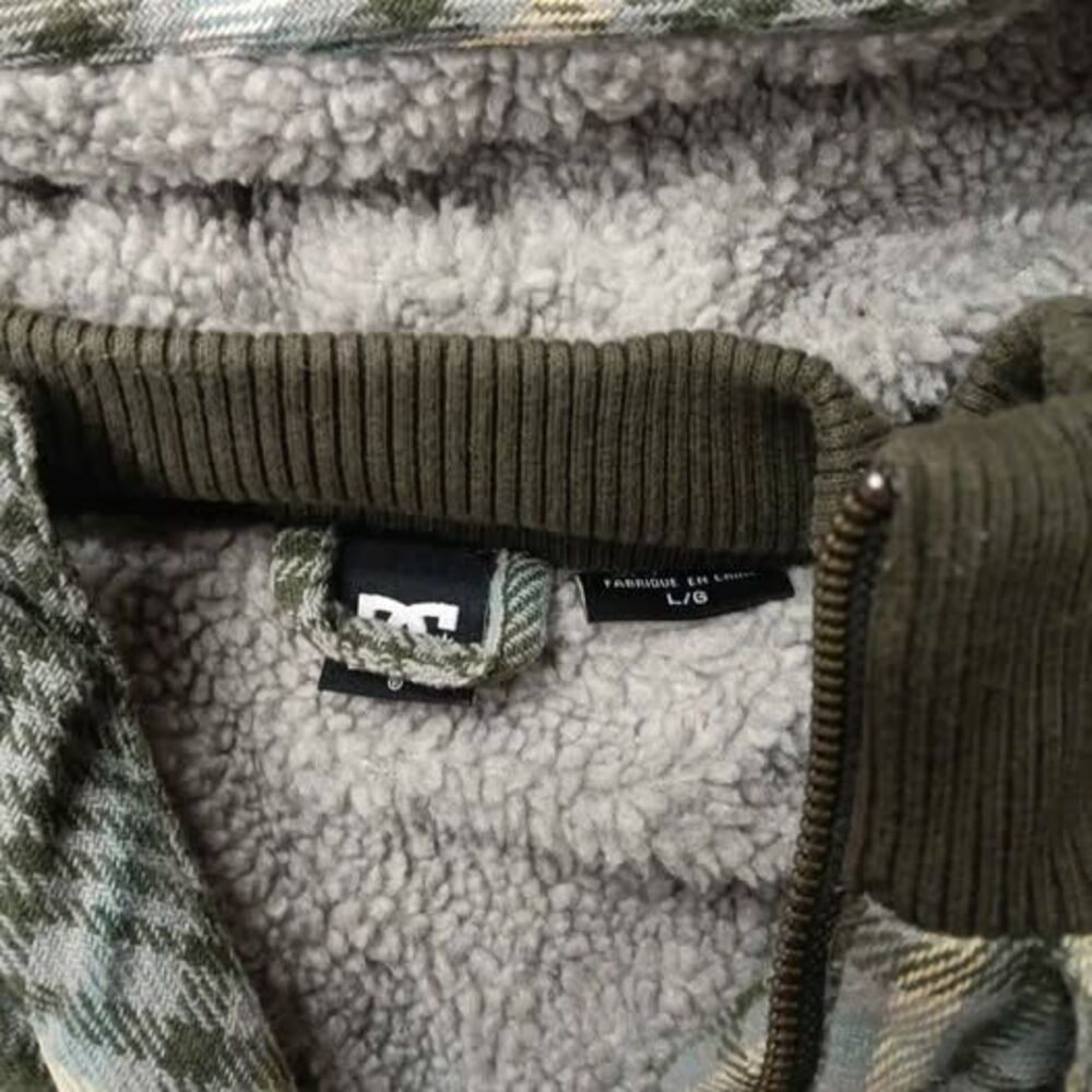 Vintage Y2k Sherpa Lined DC Shoe Co Ladies Green Plaid Zip Up Hoodie - L - Picture 4 of 7